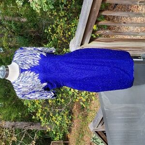 Vintage Stenay beaded dress, blue silk, silver beading sequins, scalloped hem